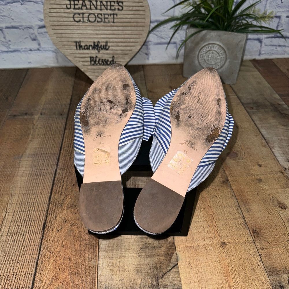 J.Crew Pointed Toe Mixed Stripe Bow Slides Blue White Mules Flats Fabric 7.5 - Picture 6 of 12